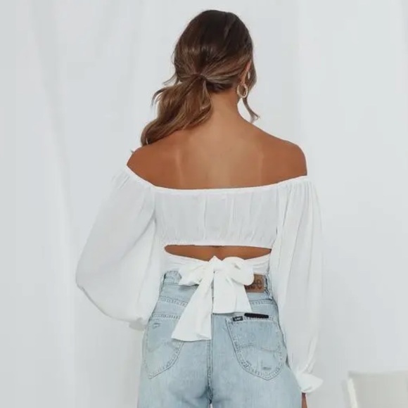 White off the shoulder tie back crop top - Picture 2 of 5